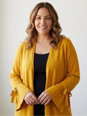 Alfani Mustard Open-Front Cardigan with Tie Sleeve Detail